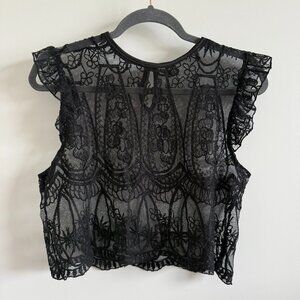 SHEIN Black Sheer Lace Crop Top Ruffle Sleeve Size L